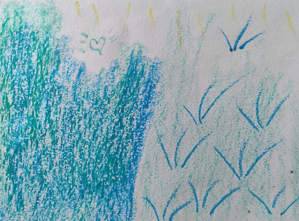 "Love in the Rushes" by Shé, 7" x 5.5" crayon on paper, 2015