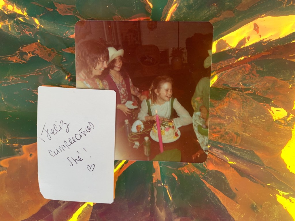 Shé birthday 11, Mom and Paige on the left, 1974. Card from Maria of Maeo, 2025.