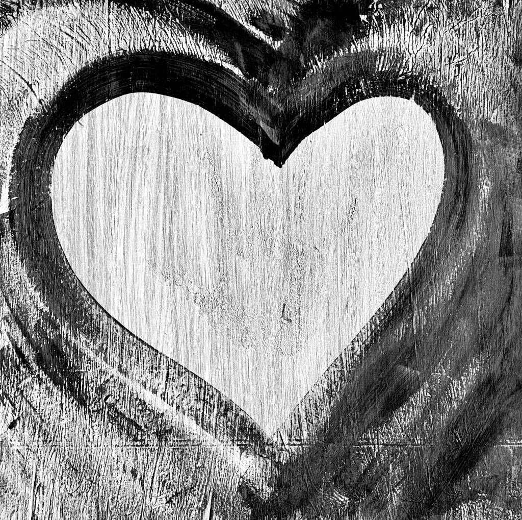Hand to Heart 1 (BW), 16" by 16" acrylic on plywood, 2026